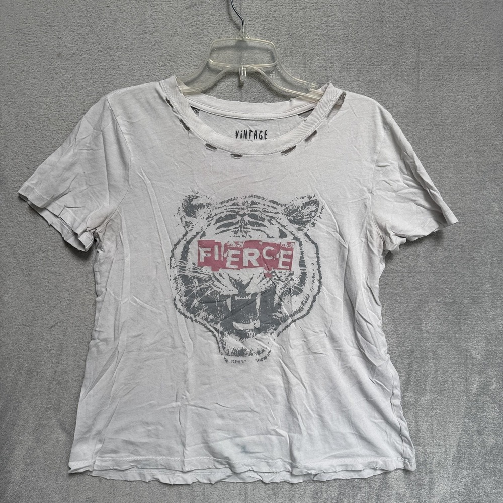 Vintage Canvas Shirt Womens Small White Tiger FIERCE Graphic Distressed Tee Top